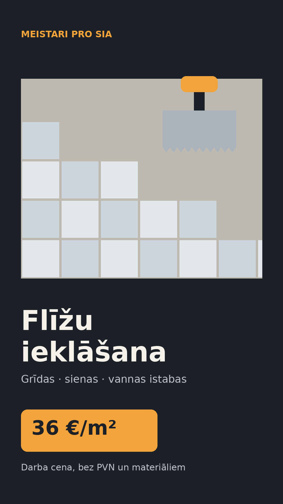 Flīžu ieklāšana — 36 EUR/m² (bez PVN, darba cena)